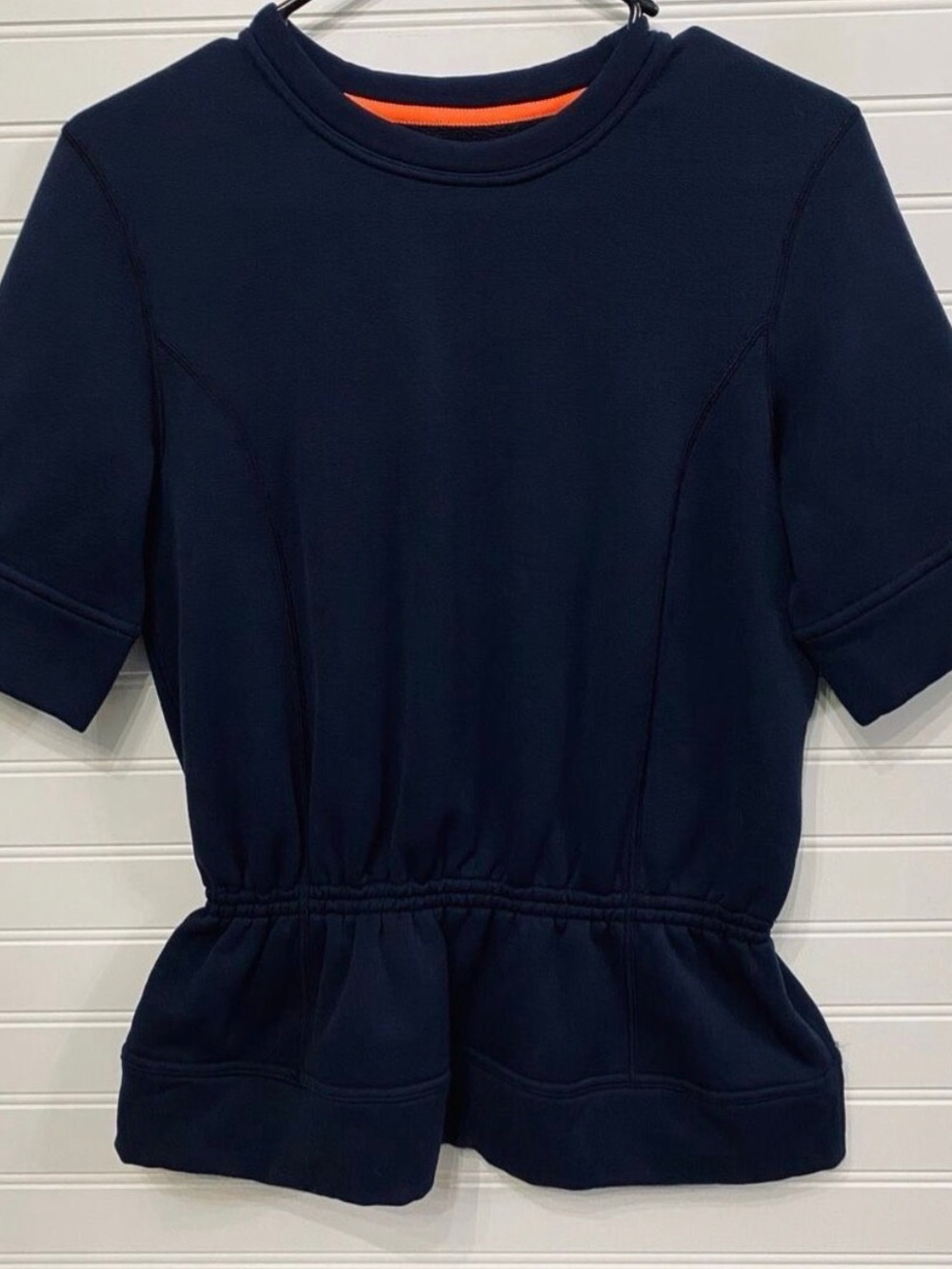 Lululemon Navy Short Sleeve Peplum Sweatshirt with Orange Trim